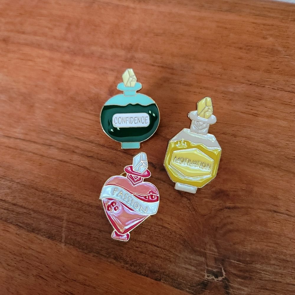 Set of 3 potion bottle pins Confidence Motivation Passion yellow red gre…